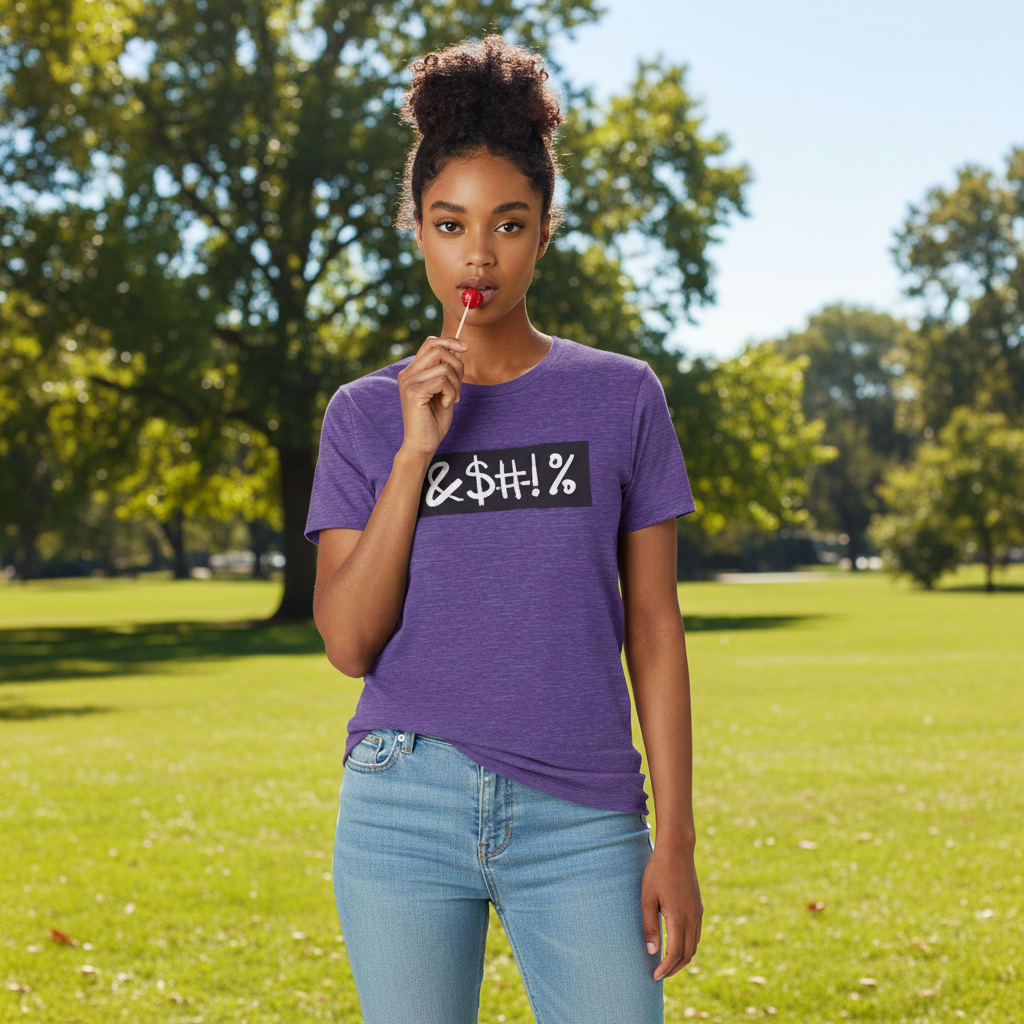 Woman wearing a purple t-shirt with a graphic design in a park