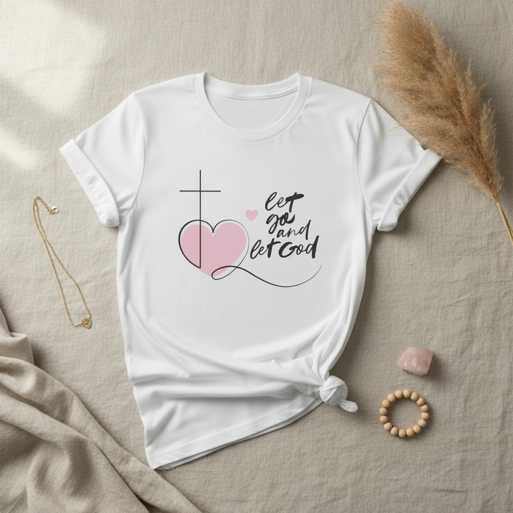 Let Go and Let God Christian T-Shirt | Faith-Based Graphic Tee with Cross &amp; Heart