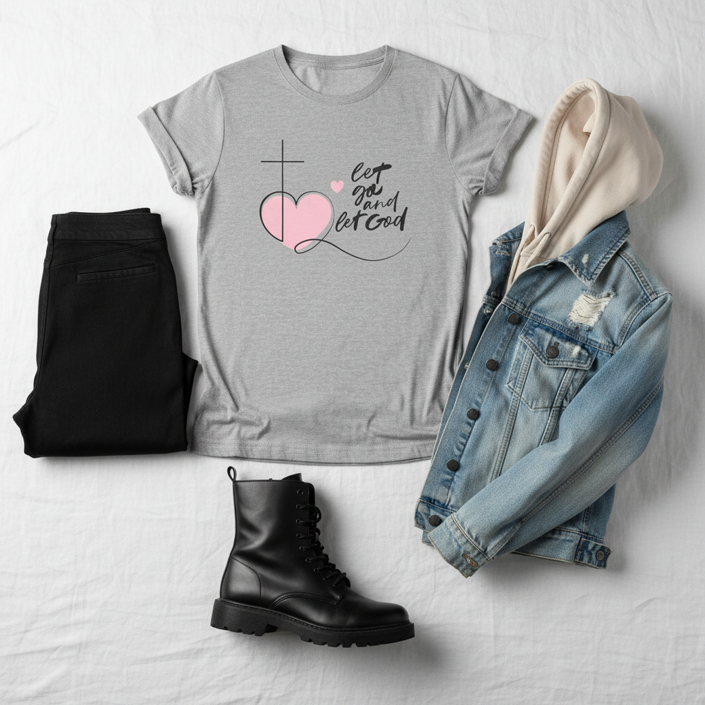 Let Go and Let God Christian T-Shirt | Faith-Based Graphic Tee with Cross &amp; Heart