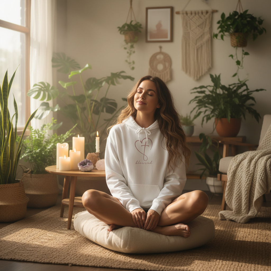 Woman meditating in a cozy room with plants and candles