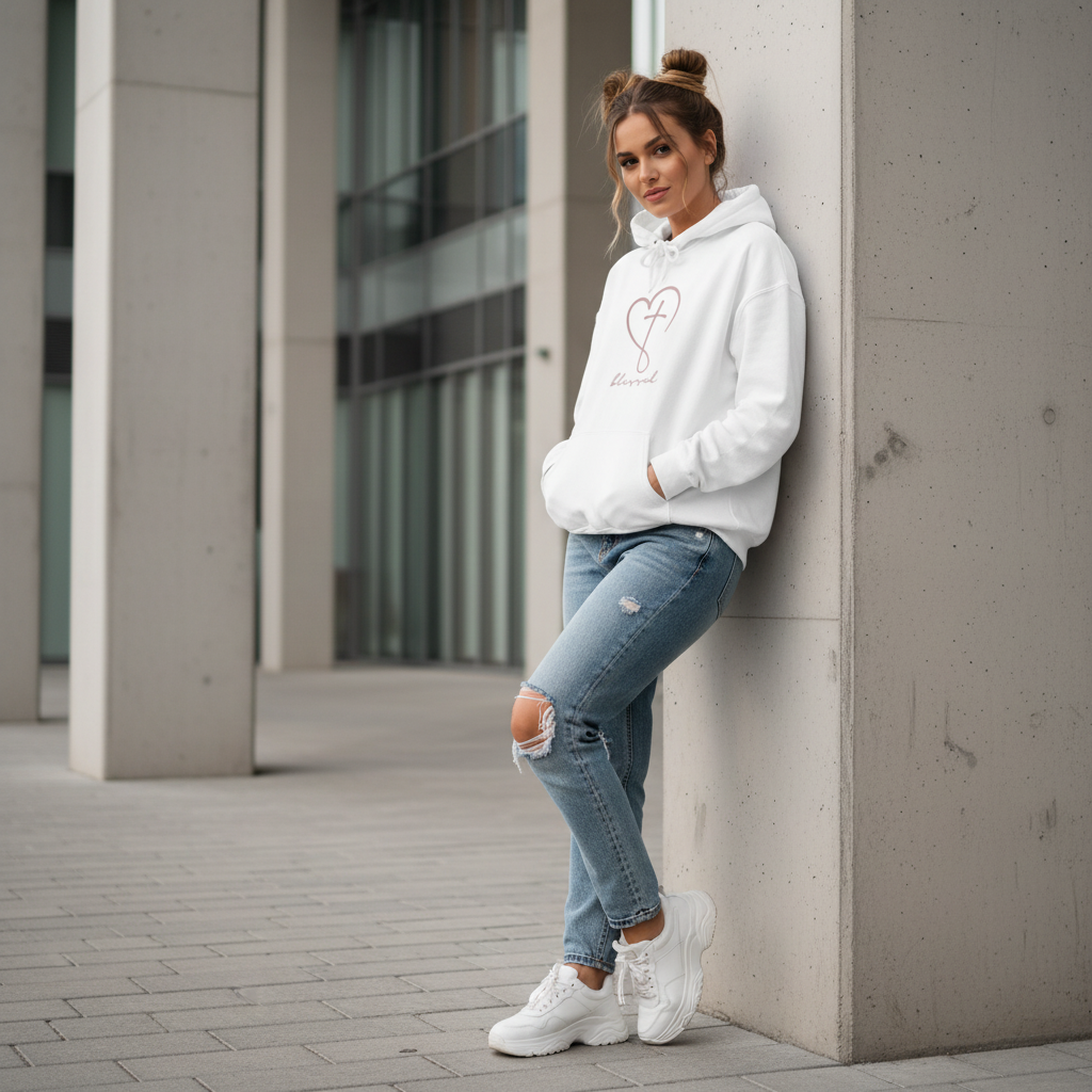 Faith Heart Hoodie | Minimal Cross "Blessed" Pullover