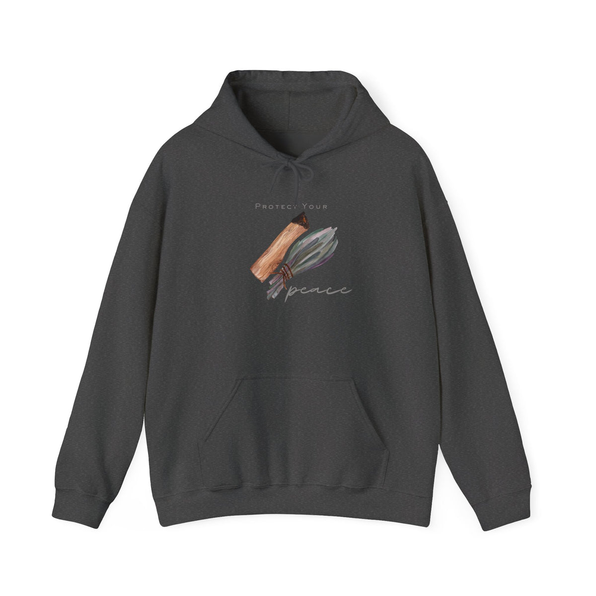 Dark gray hoodie with a graphic design on a white background