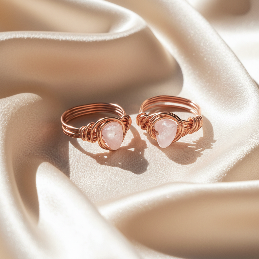 Two rose gold rings with pink stones on a beige fabric background