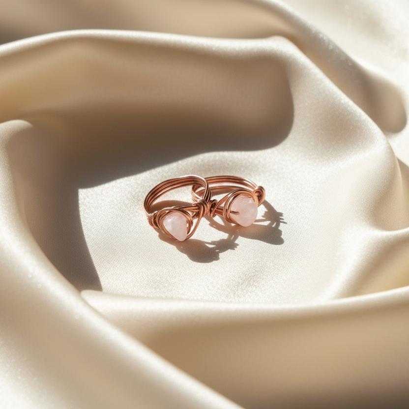Rose gold ring with pink gemstones on beige fabric