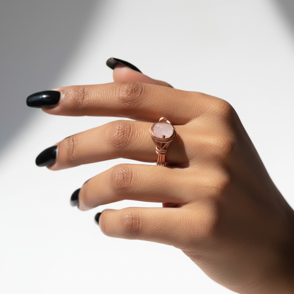 Hand wearing a ring with a pink stone on a gradient background