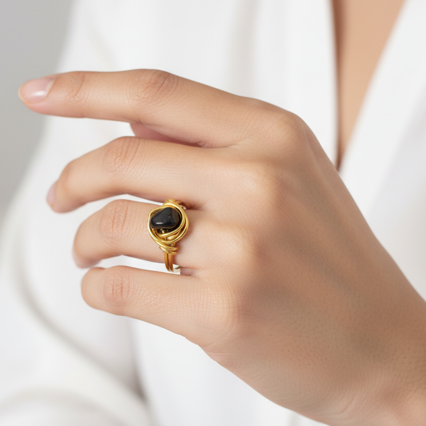 OBSIDIAN | Minimalist 18K Gold-Layered Handmade Wire-Wrapped Ring