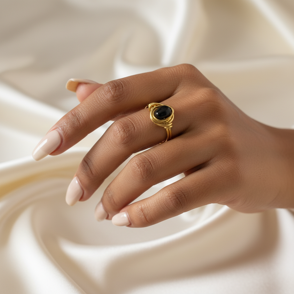 OBSIDIAN | Minimalist 18K Gold-Layered Handmade Wire-Wrapped Ring