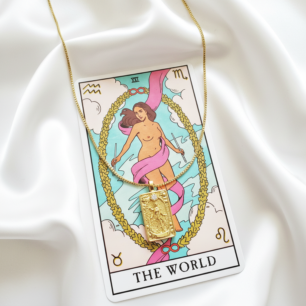 THE WORLD 14k Gold Tarot Card Necklace