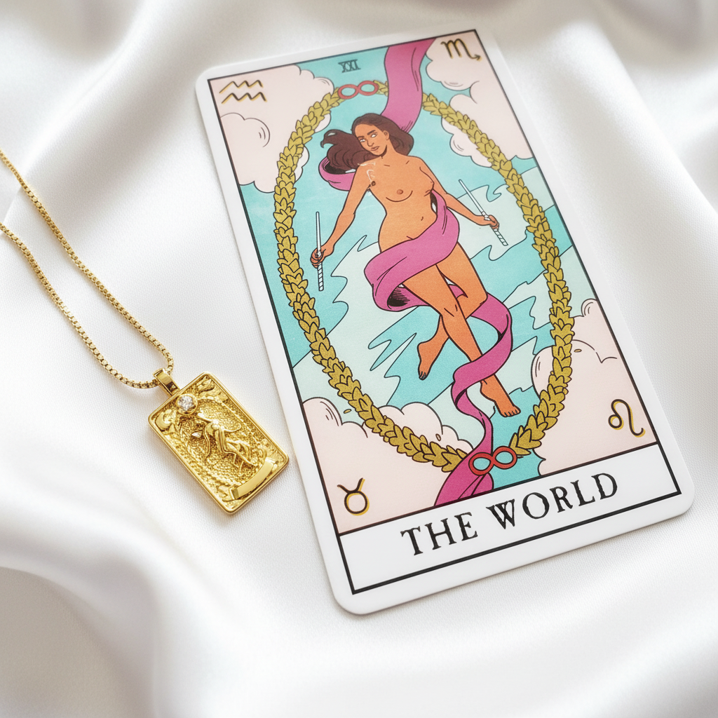 THE WORLD 14k Gold Tarot Card Necklace
