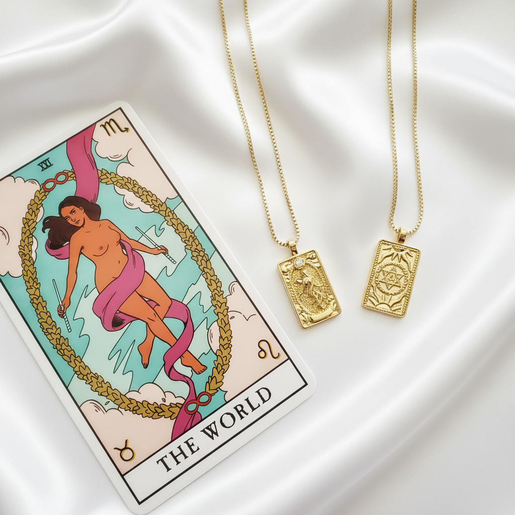 THE WORLD 14k Gold Tarot Card Necklace
