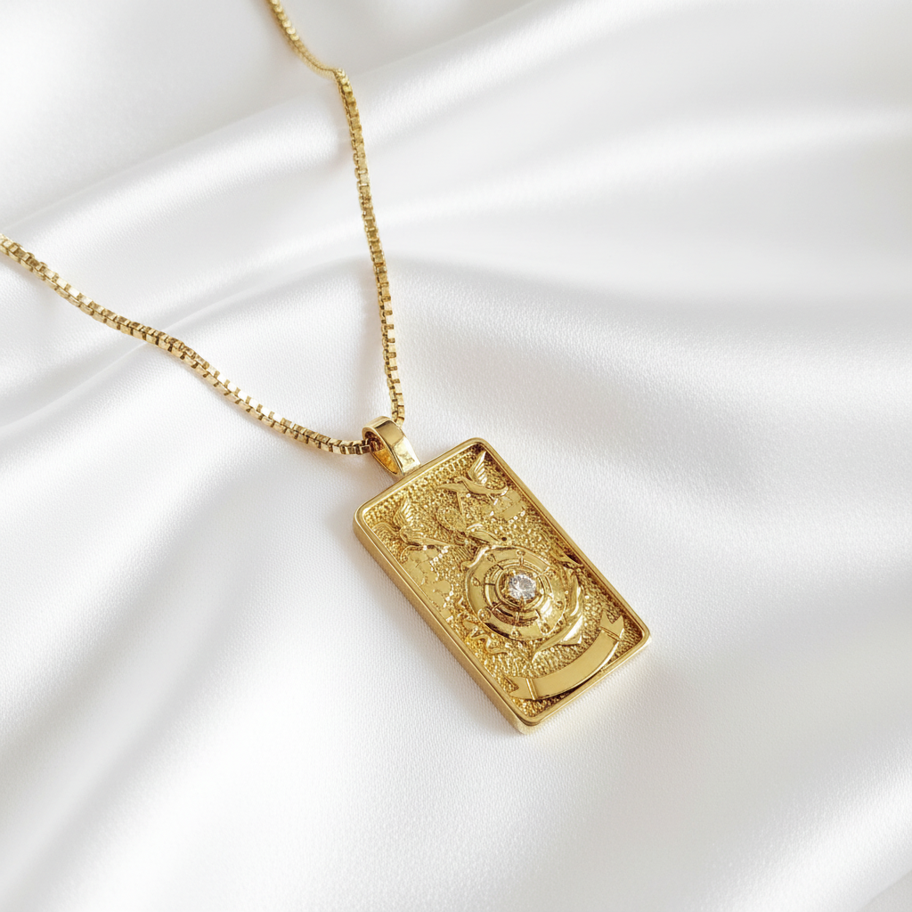 WHEEL OF FORTUNE 14k Gold Tarot Card Necklace