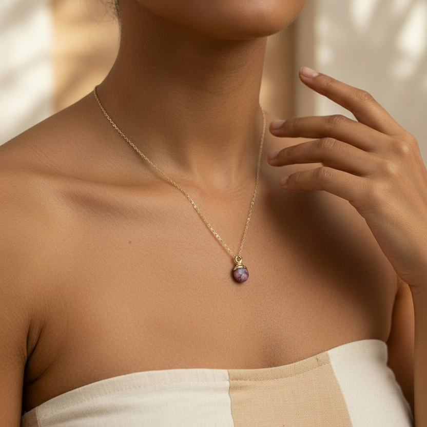RHODONITE | 14K Gold Adjustable Crystal Pendant Necklace