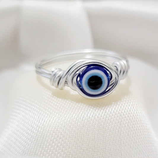 EVIL EYE | Silver Handmade Wire Wrapped Ring | Evil Eye Protection, Luck, and Blessings