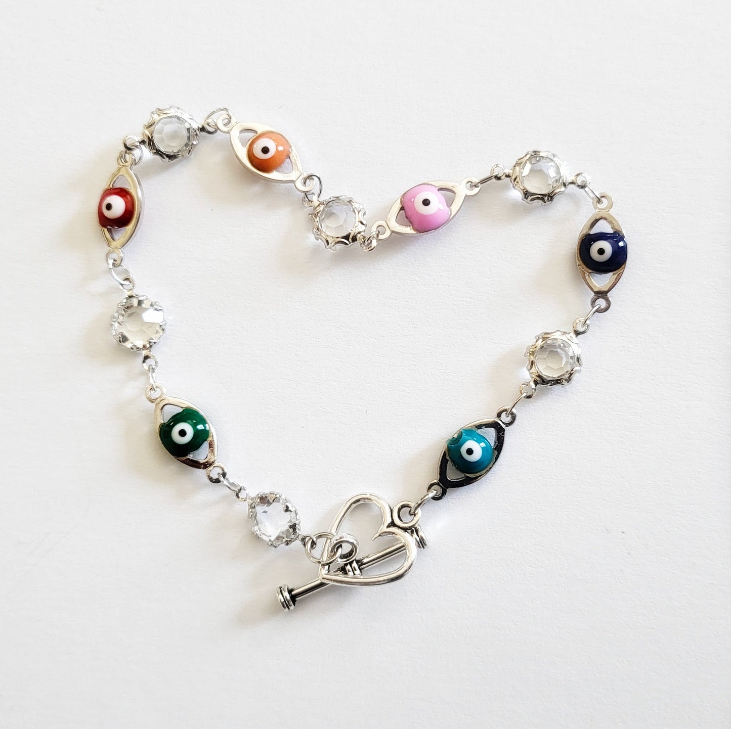Evil Eye | Sterling Silver Evil Eye Bracelet | Good Luck & Protection |  Minimalist Evil Eye Rainbow Heart Jewelry
