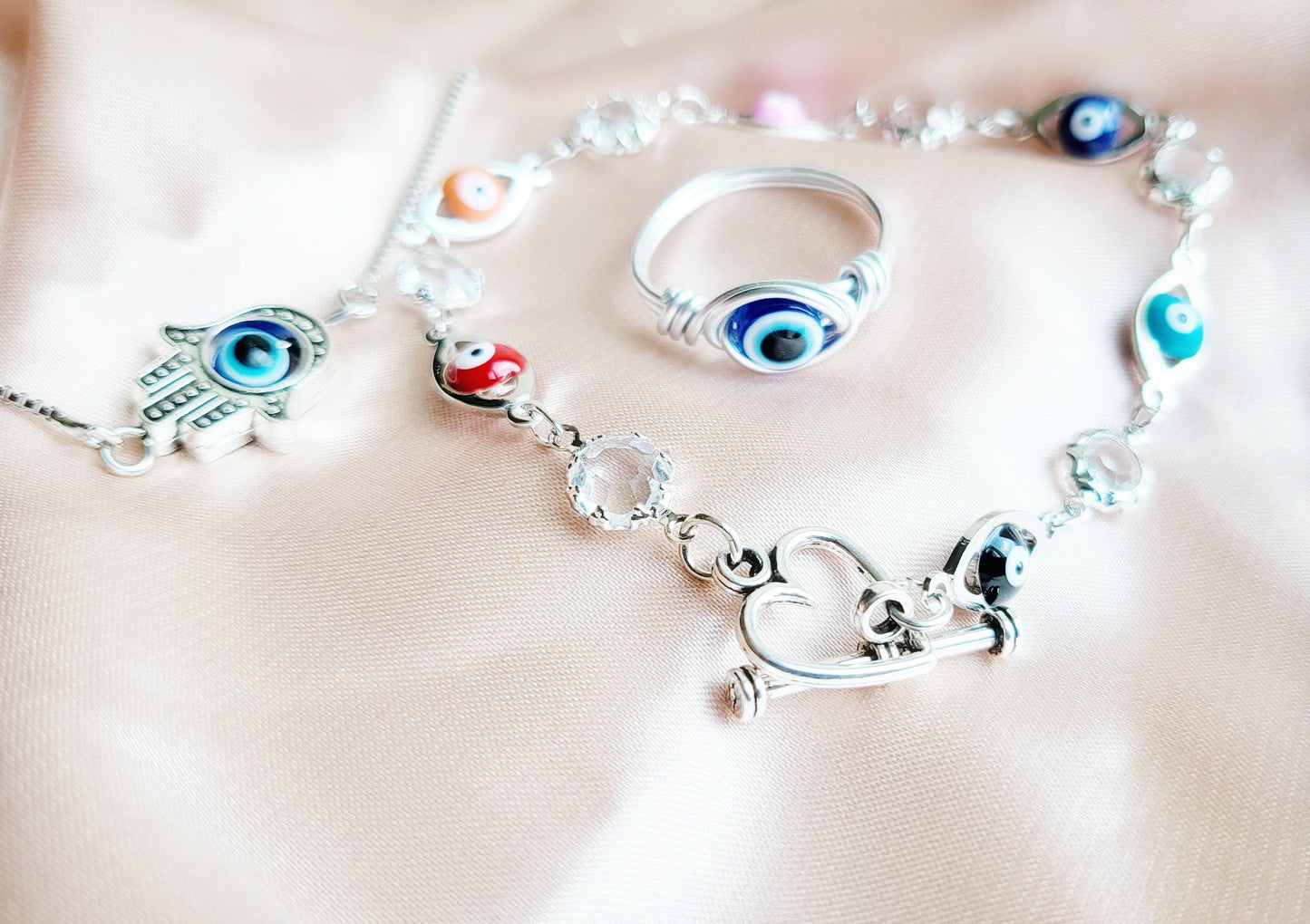 Evil Eye | Sterling Silver Evil Eye Bracelet | Good Luck & Protection |  Minimalist Evil Eye Rainbow Heart Jewelry