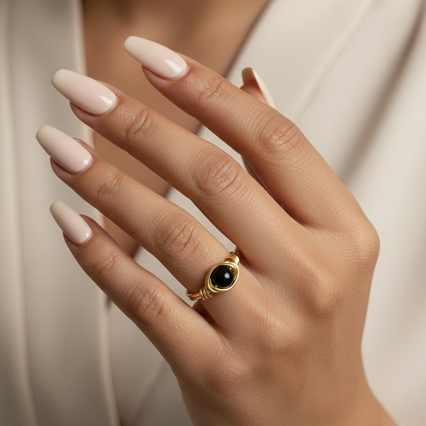 Black Tourmaline | Minimalist 18K Gold Handmade Wire-Wrapped Ring