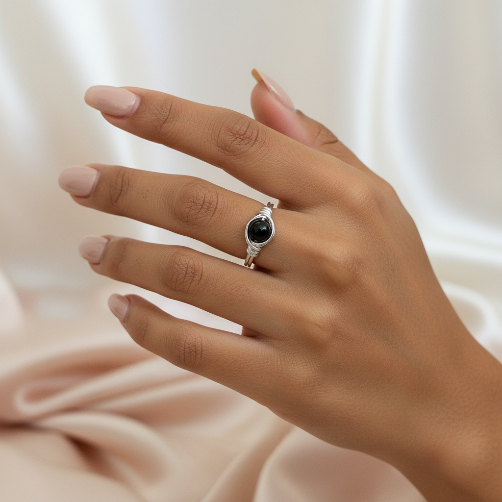 Black Tourmaline | Minimalist 18K Gold Handmade Wire-Wrapped Ring