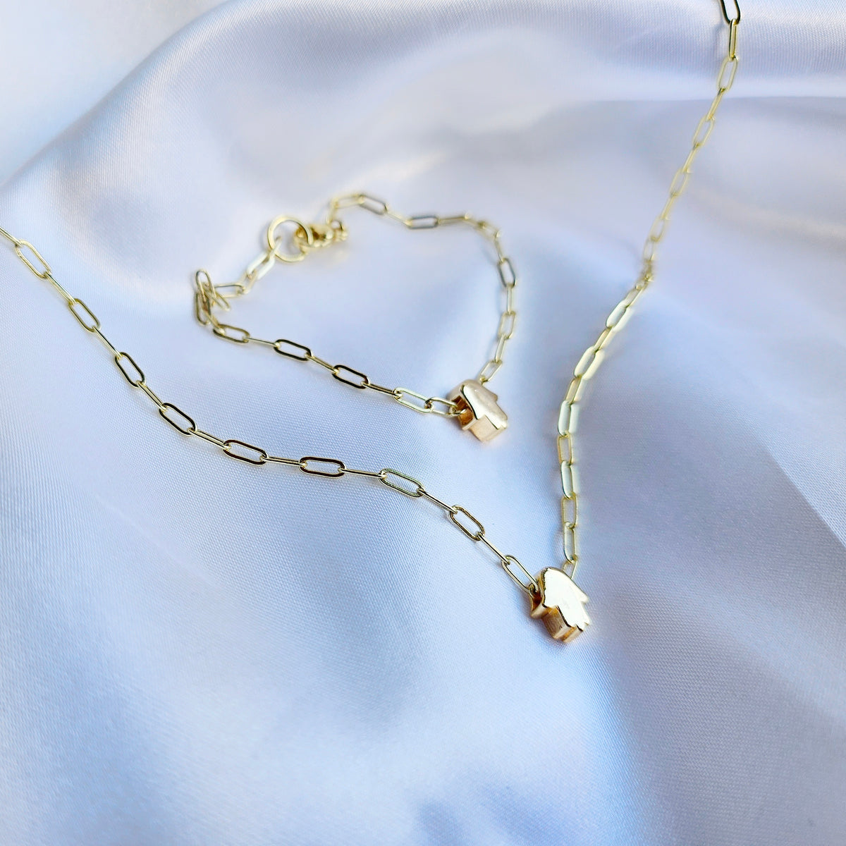 Sacred Hands | 14K Gold Filled Hamsa Paper Clip Chain Necklace Set
