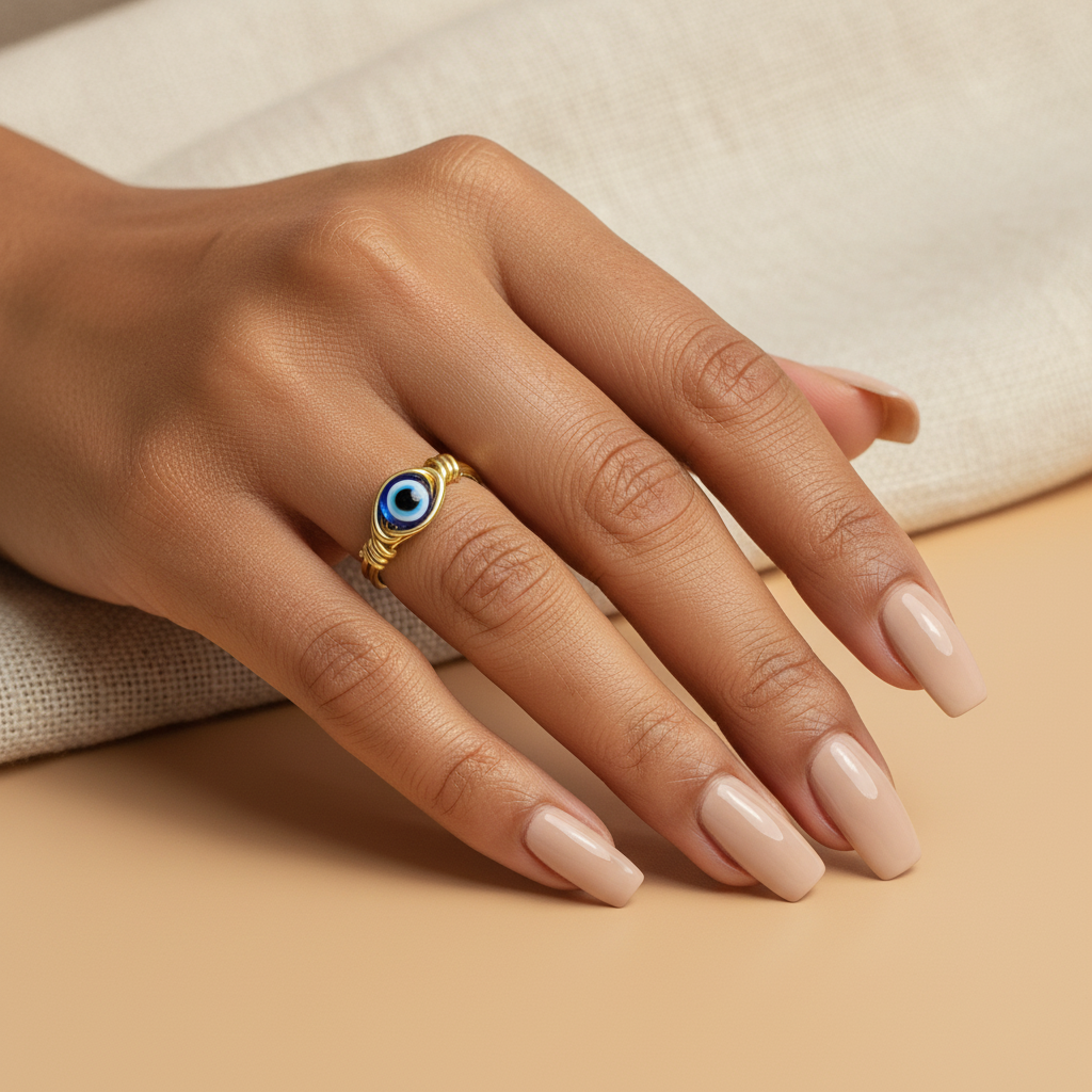 Hand wearing a gold ring with a blue stone on a beige background