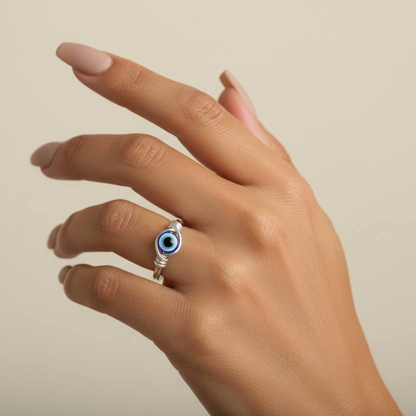 EVIL EYE | Silver Handmade Wire-Wrapped Ring