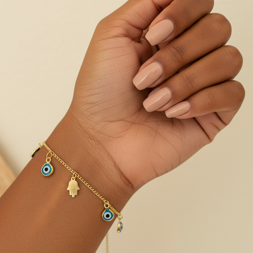 Hand of Fatima | 14K Gold Hamsa &amp; Evil Eye Charm Bracelet