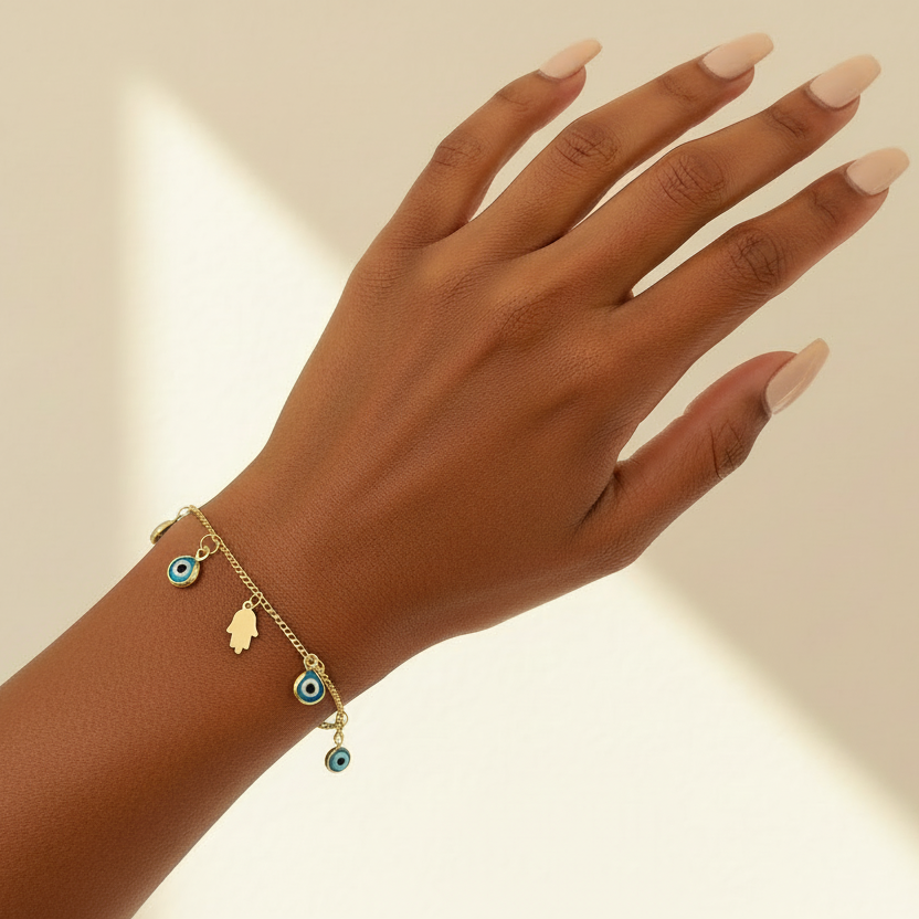 Hand of Fatima | 14K Gold Hamsa &amp; Evil Eye Charm Bracelet