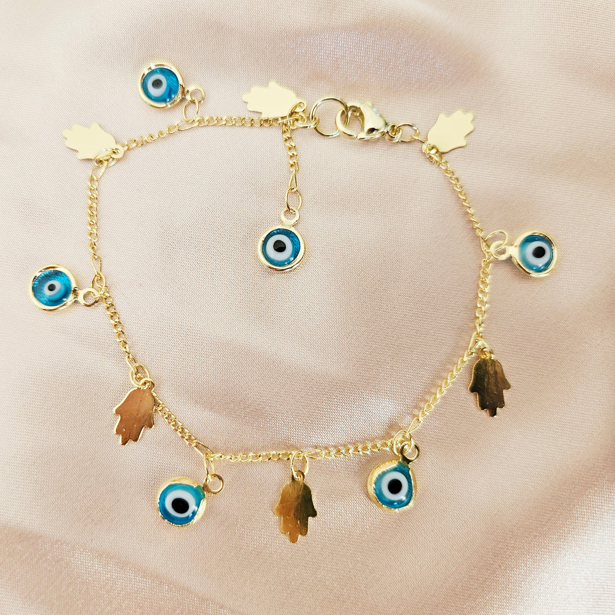 Hand of Fatima | 14K Gold Hamsa &amp; Evil Eye Charm Bracelet