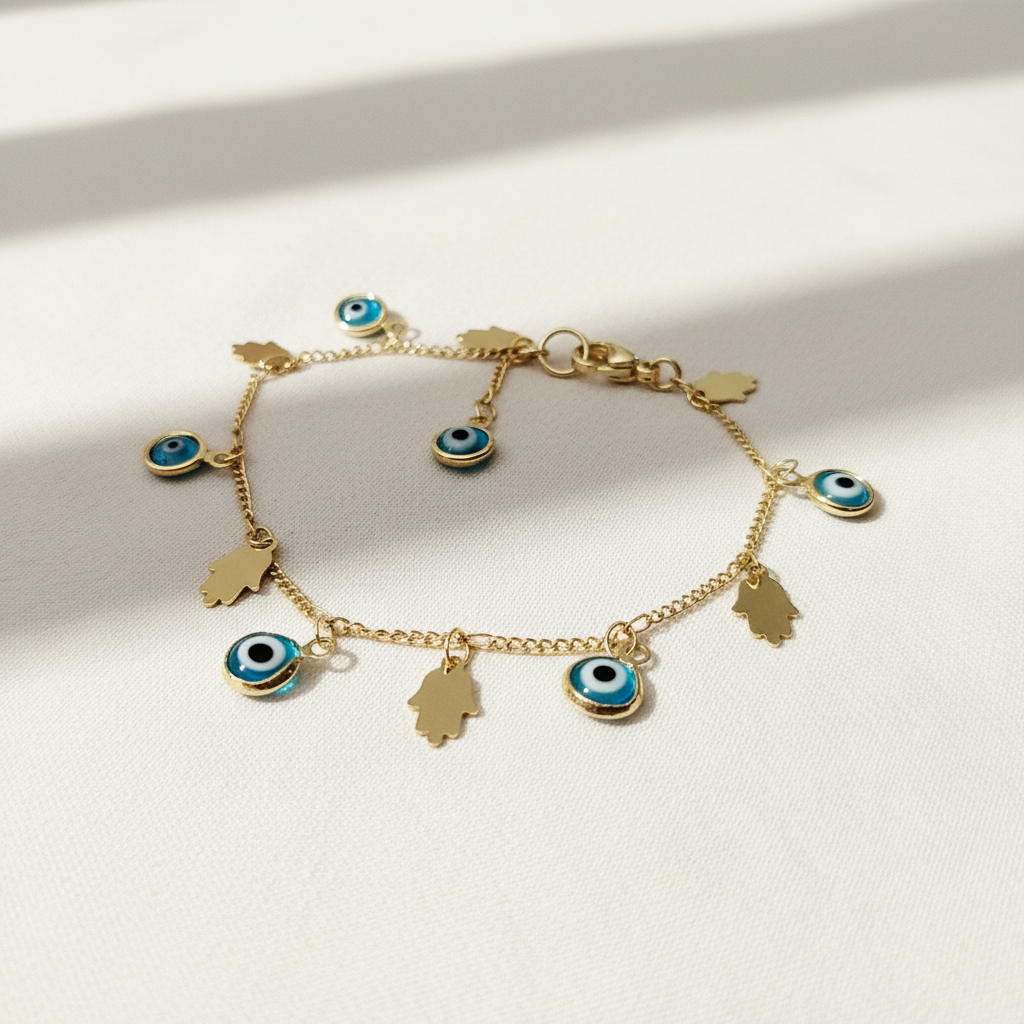 Hand of Fatima | 14K Gold Hamsa &amp; Evil Eye Charm Bracelet
