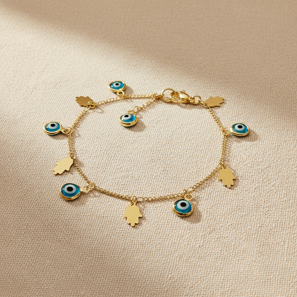 Hand of Fatima | 14K Gold Hamsa &amp; Evil Eye Charm Bracelet