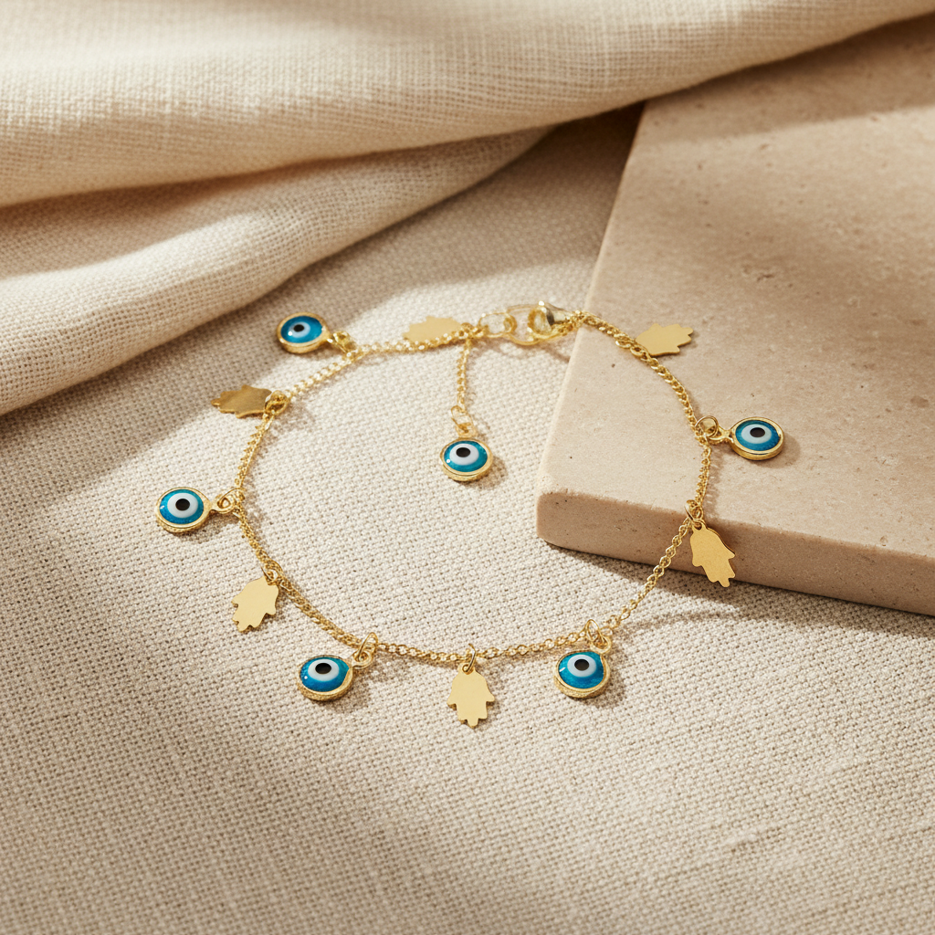 Hand of Fatima | 14K Gold Hamsa &amp; Evil Eye Charm Bracelet