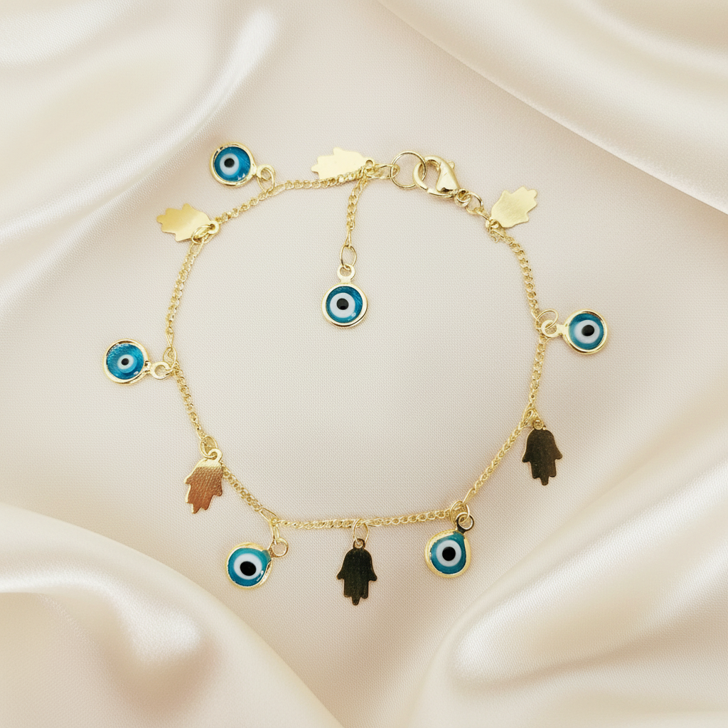 Hand of Fatima | 14K Gold Hamsa &amp; Evil Eye Charm Bracelet