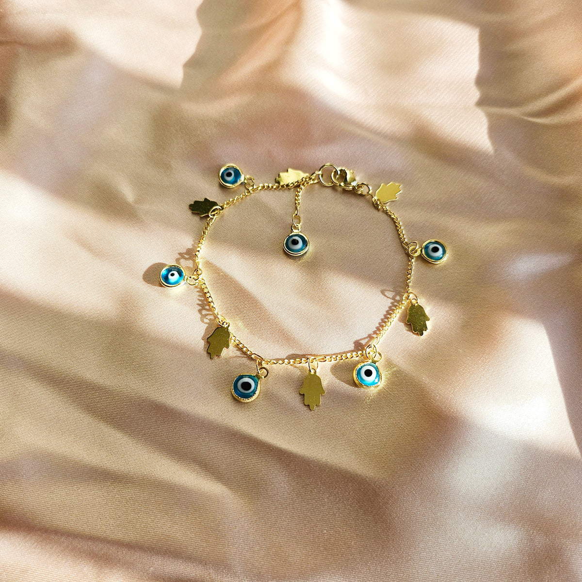 Hand of Fatima | 14K Gold Hamsa &amp; Evil Eye Charm Bracelet