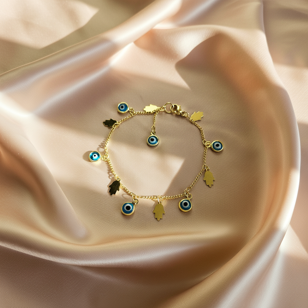 Hand of Fatima | 14K Gold Hamsa &amp; Evil Eye Charm Bracelet