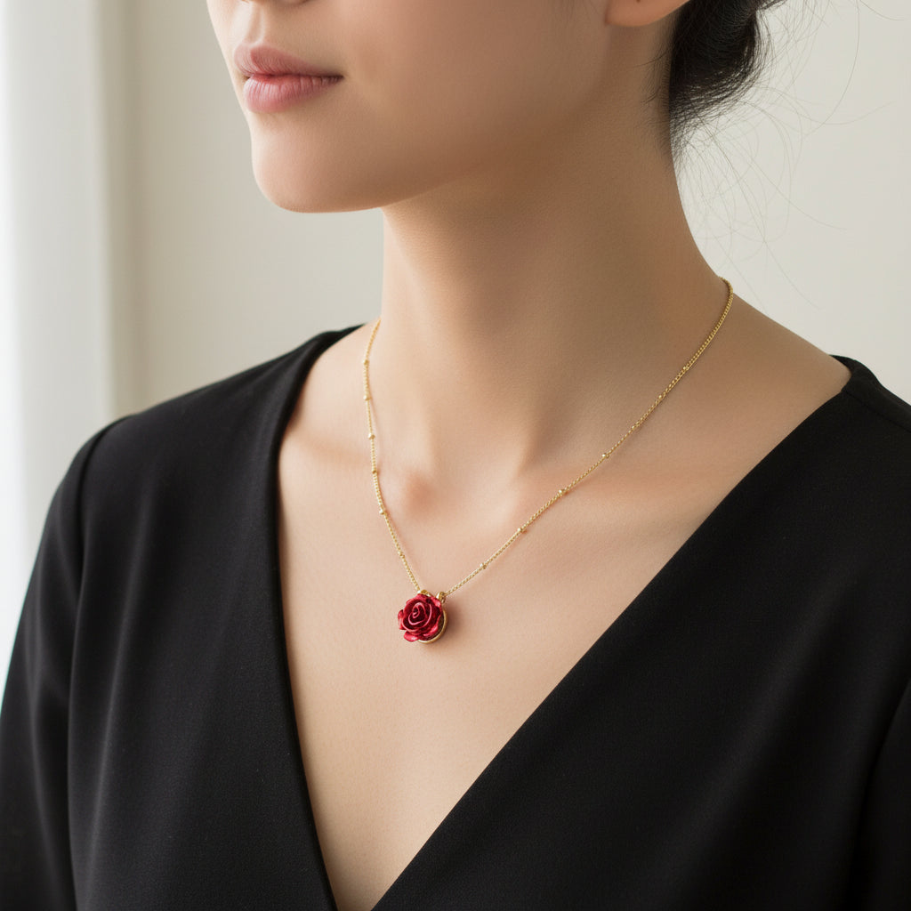 DIVINE BLOOM Red Rose Pendant Necklace | Christian Jewelry Symbolizing Love, Renewal &amp; Faith