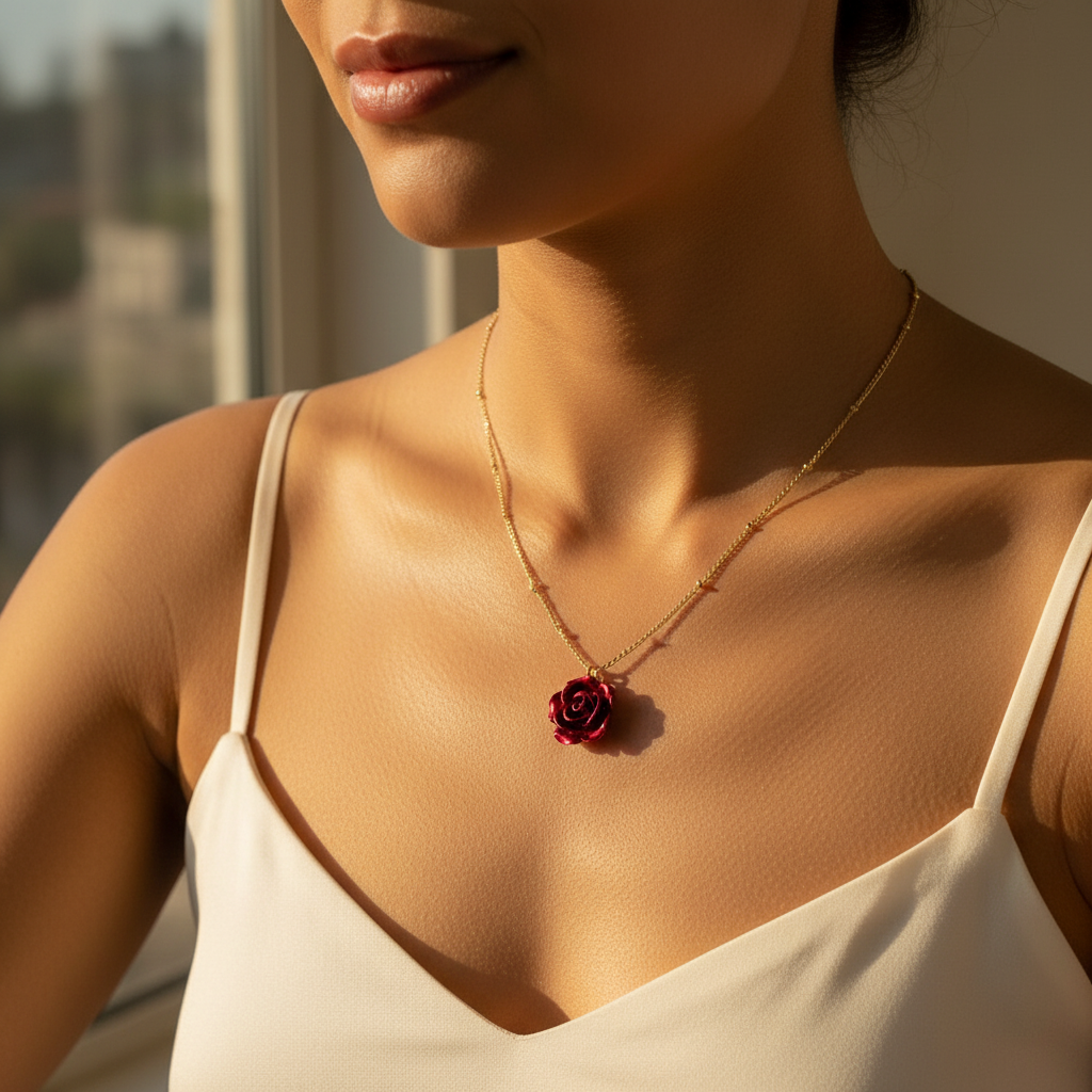 DIVINE BLOOM 14K Gold Red Rose Pendant Necklace