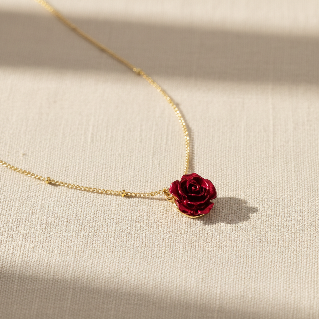 DIVINE BLOOM 14K Gold Red Rose Pendant Necklace
