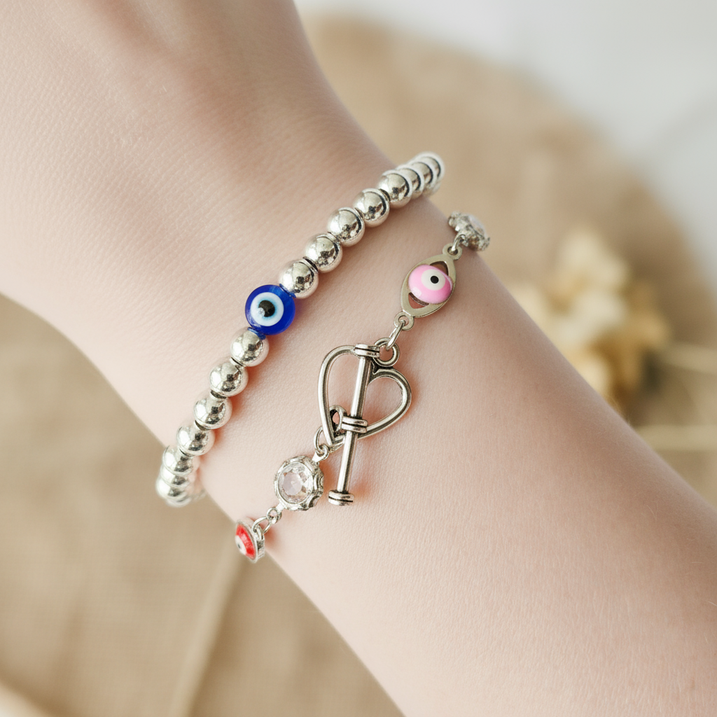Bracelet with key charm and colorful beads on a wrist against a neutral background