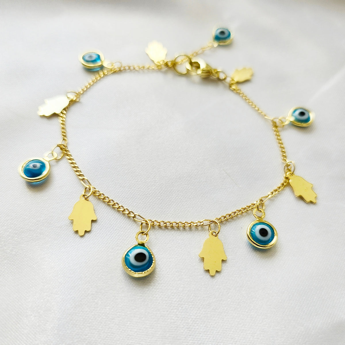 Hand of Fatima | 14K Gold Hamsa &amp; Evil Eye Charm Bracelet