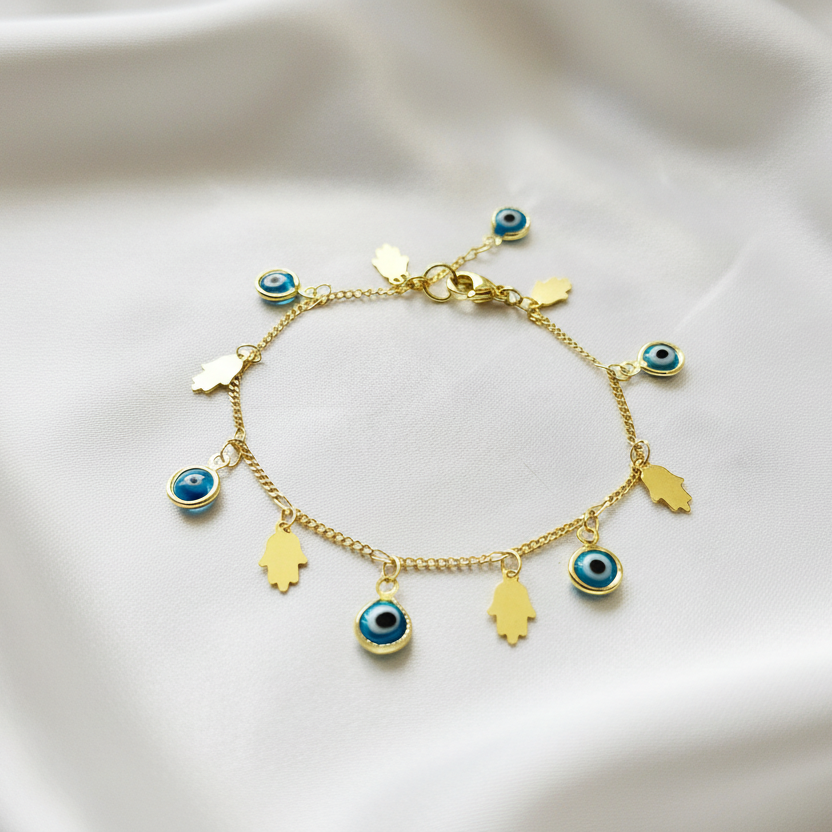 Hand of Fatima | 14K Gold Hamsa &amp; Evil Eye Charm Bracelet