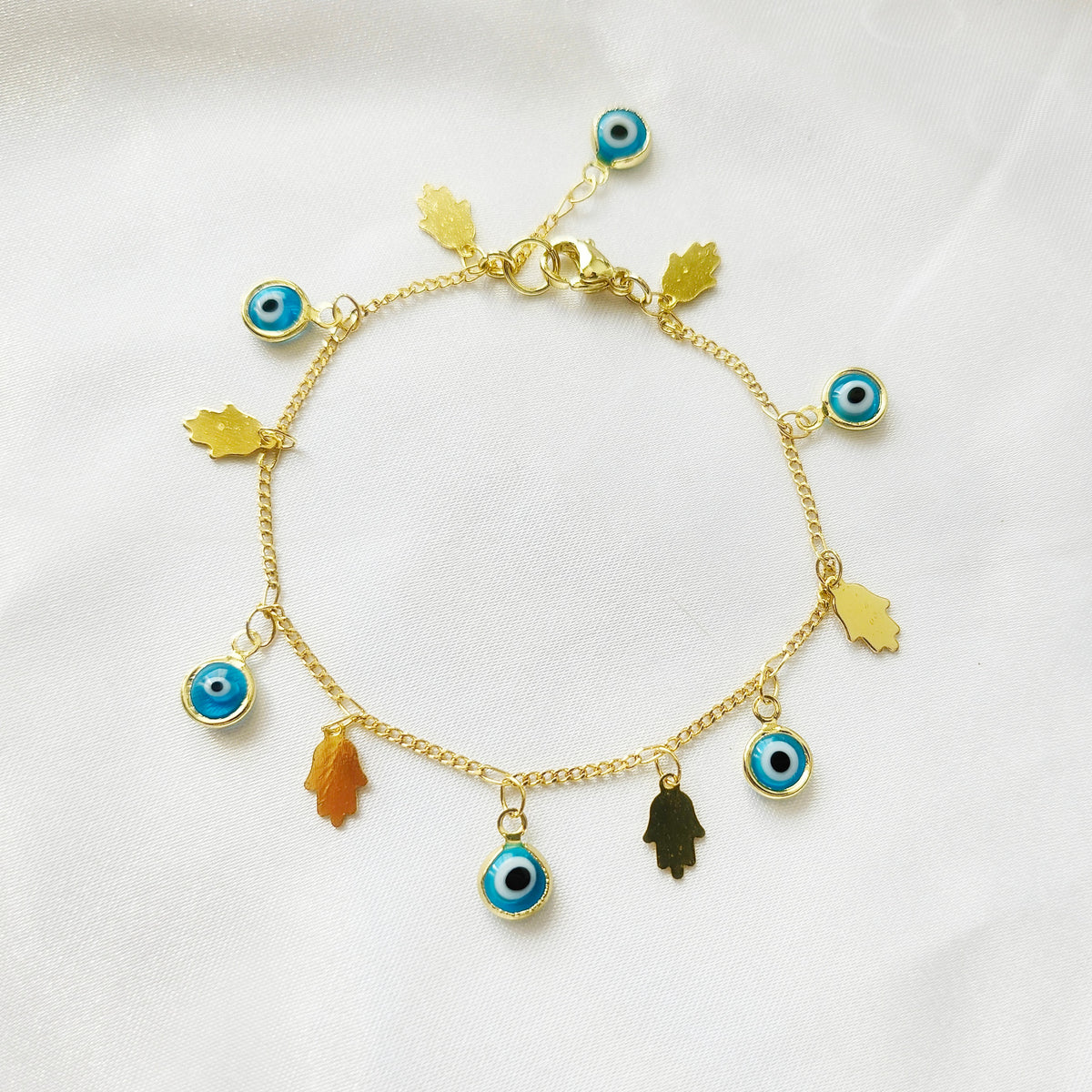 Hand of Fatima | 14K Gold Hamsa &amp; Evil Eye Charm Bracelet