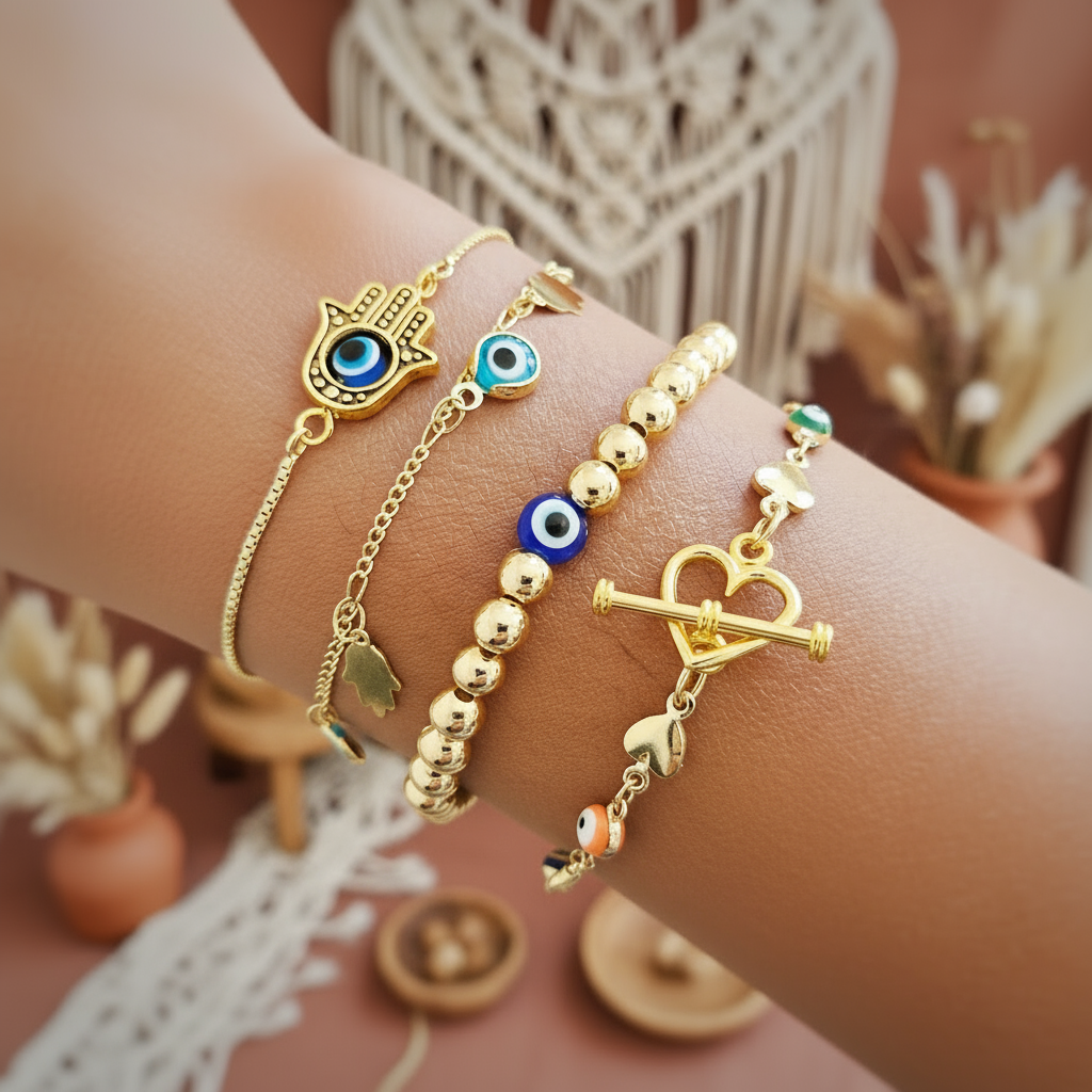 Golden Gaia | 14K Gold Evil Eye Bracelet Set