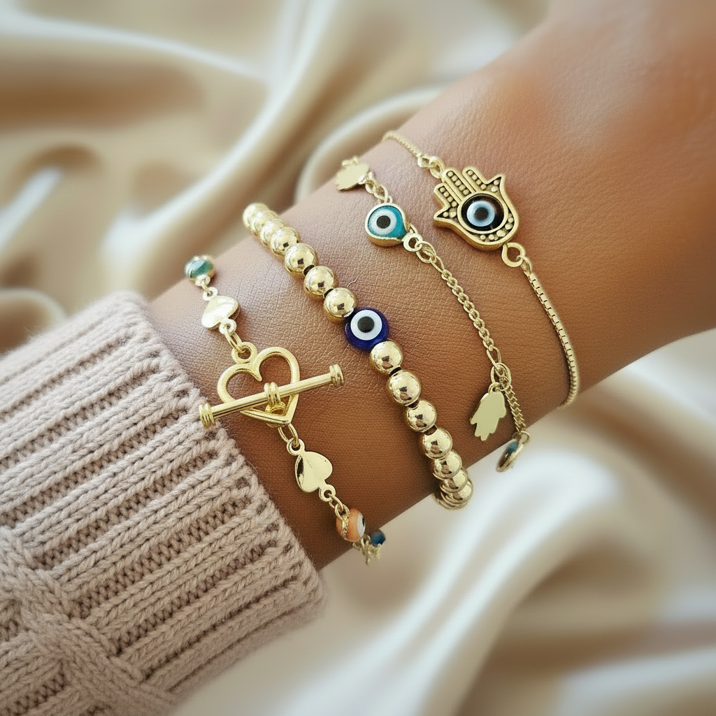 Golden Gaia | 14K Gold Evil Eye Bracelet Set