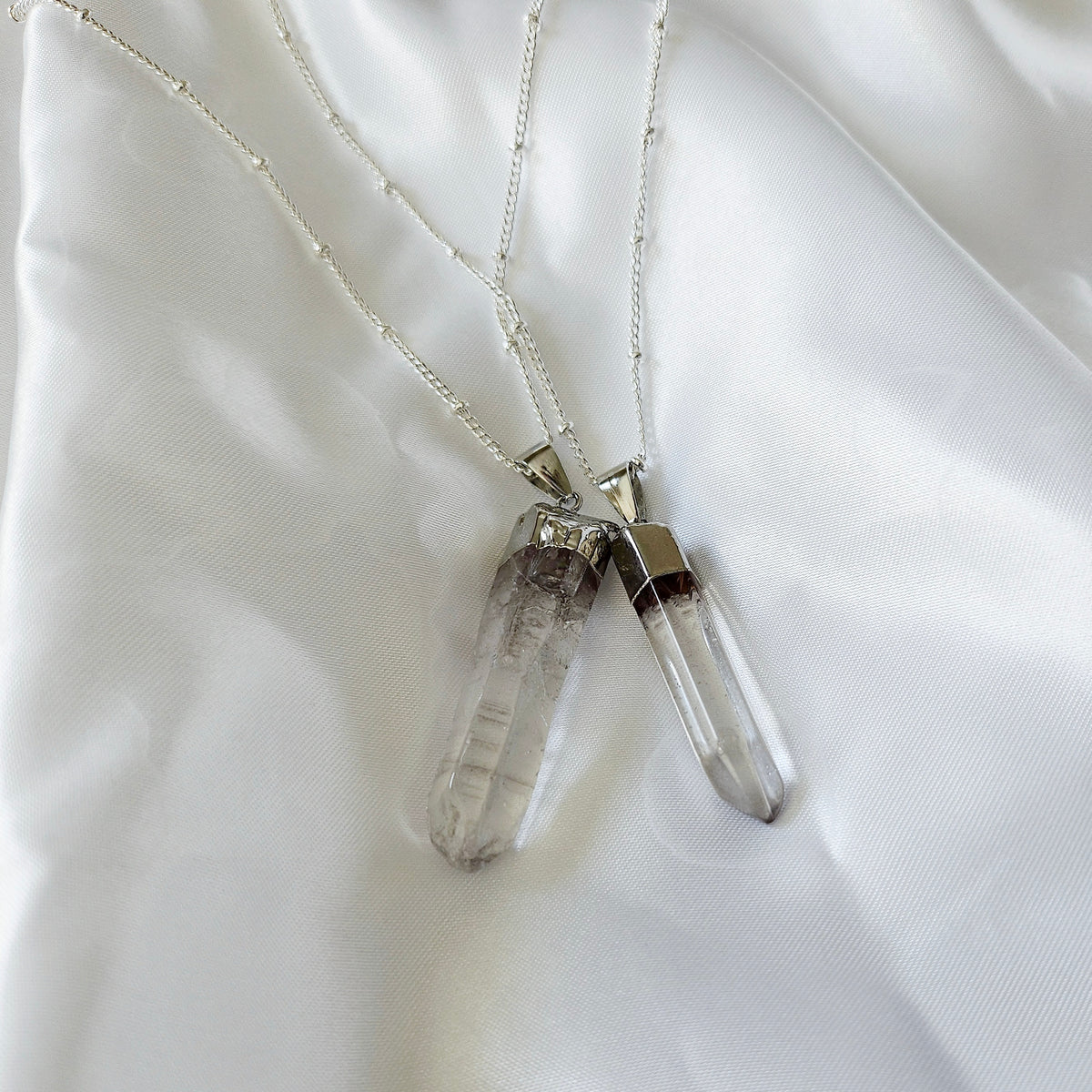 RAW CLEAR QUARTZ | 925 - Sterling Silver Beaded Satellite Gemstone Necklace