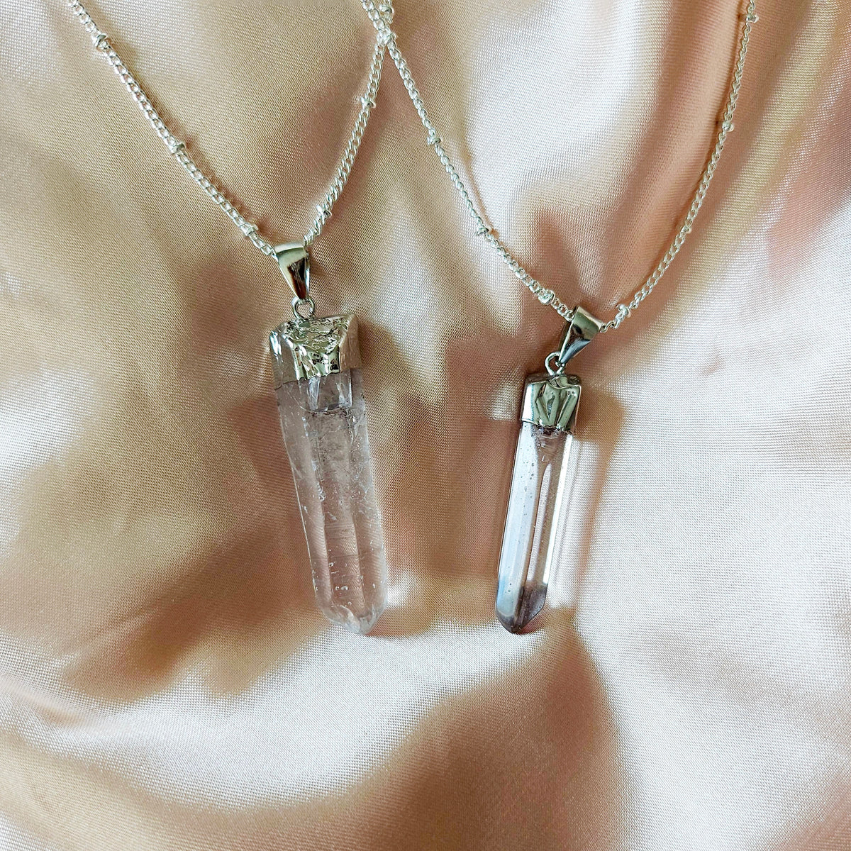 RAW CLEAR QUARTZ | 925 - Sterling Silver Beaded Satellite Gemstone Necklace