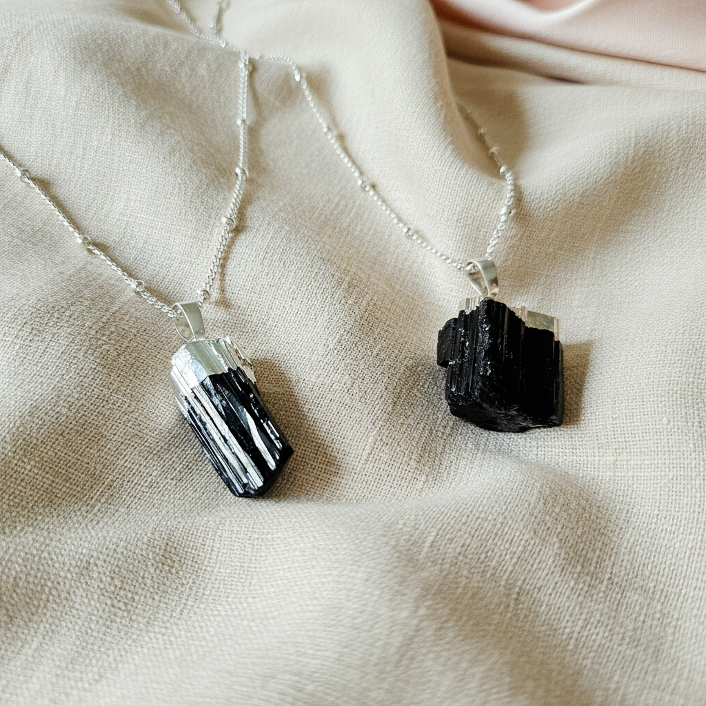 Raw Black Tourmaline | 925 - Sterling Silver Beaded Satellite Gemstone Necklace
