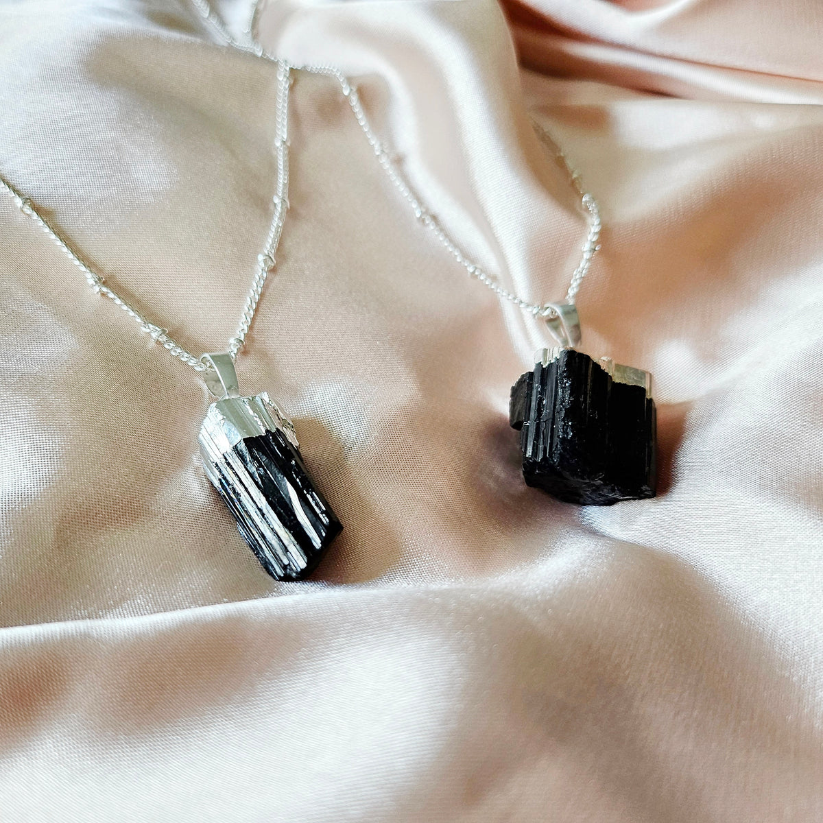 Raw Black Tourmaline | 925 - Sterling Silver Beaded Satellite Gemstone Necklace