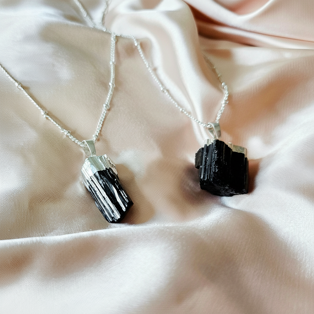 Raw Black Tourmaline | 925 - Sterling Silver Beaded Satellite Gemstone Necklace