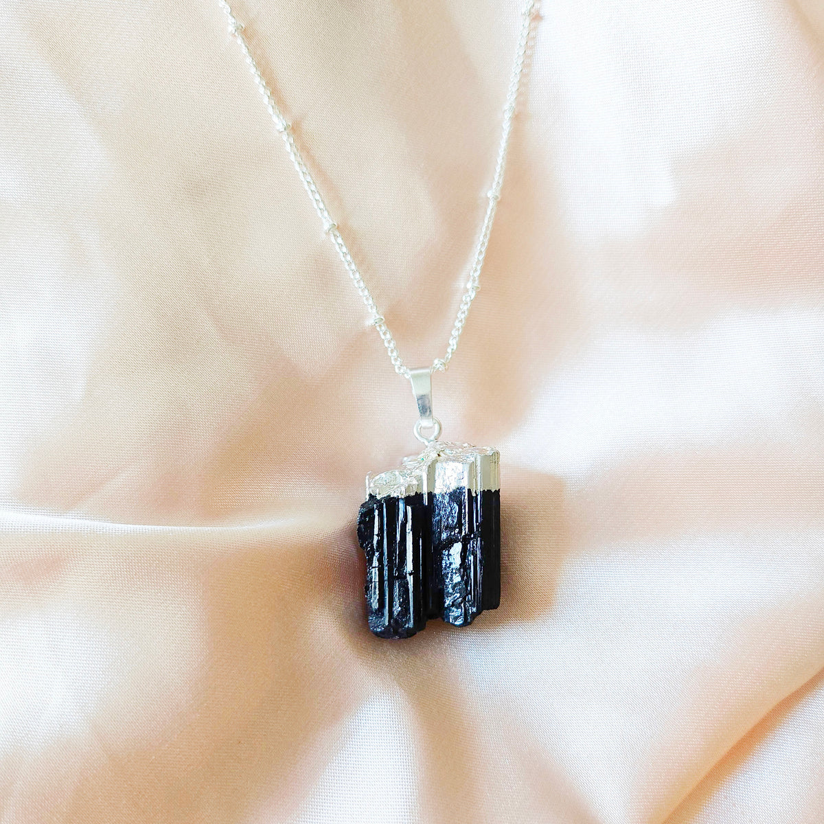 Raw Black Tourmaline | 925 - Sterling Silver Beaded Satellite Gemstone Necklace