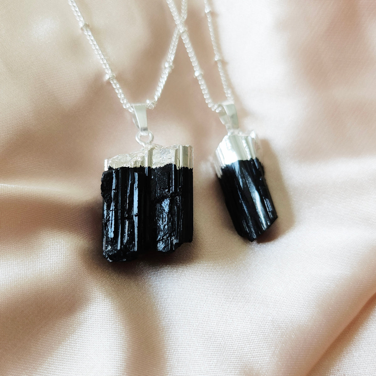 Raw Black Tourmaline | 925 - Sterling Silver Beaded Satellite Gemstone Necklace