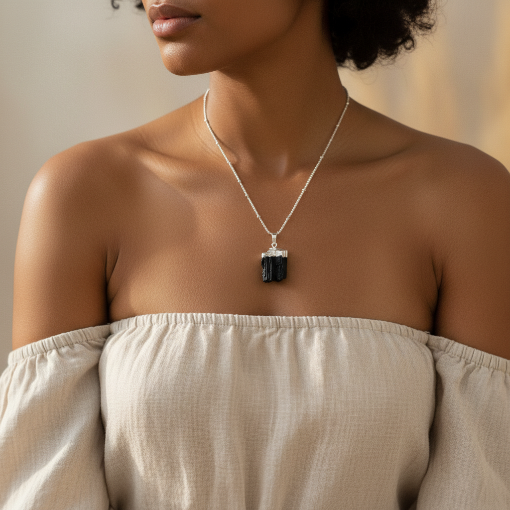 Raw Black Tourmaline | 925 - Sterling Silver Beaded Satellite Gemstone Necklace